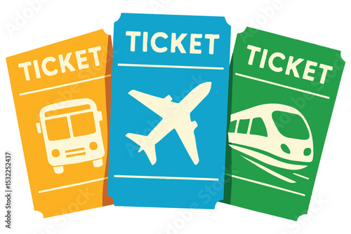 illustration of colorful tickets for bus, plane, and train in flat design