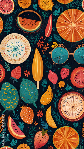 Wallpaper Mural Orange, green lemon pattern illustration poster background, a picture of a bunch of fruit on a black background with oranges, kiwis, lemons, and pomegranates. Torontodigital.ca