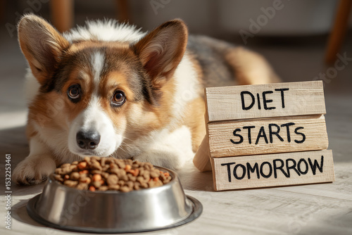 A corgi sits beside a bowl of dog food and a playful sign stating diet starts tomorrow, enjoying its meal time