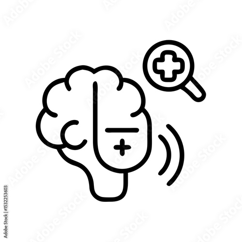 Line icon representing smart medicine with a brain, wireless signal, and magnifier showing healthcare and AI integration.
