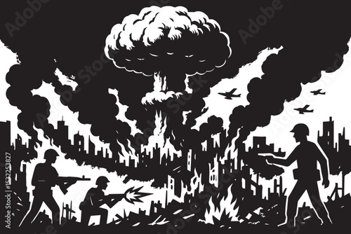 Dramatic war scene with soldiers, city destruction, and nuclear explosion