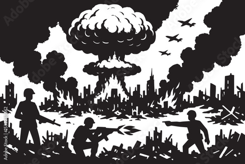 War devastation with soldiers in action amidst mushroom cloud and ruins