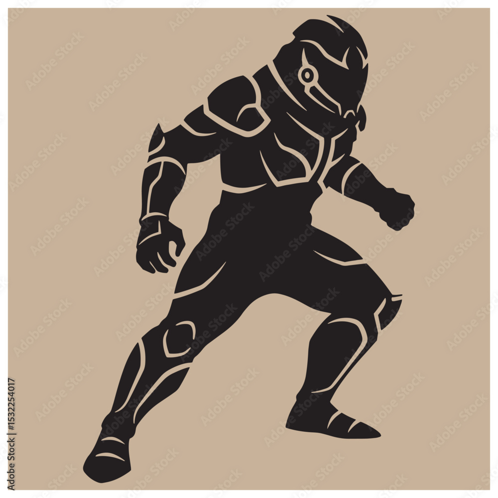 Fototapeta premium Silhouette of a futuristic astronaut in a combat ready pose on a beige background