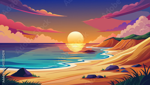 Sunset at beach becomes magical, capturing beauty of coast. Sun dips below horizon with warm glow, casting shadows on sand dunes. Gentle waves echo peace in the idyllic seascape’s calm waters.
