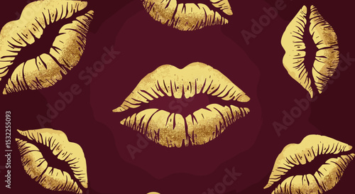 Gold Lipstick Kiss Mark Pattern on Burgundy Background for Fashion Websites, Beauty Blogs, Graphic Design, Marketing Materials, and Social Media Content