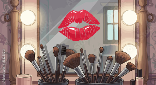 Lipstick Kiss on Mirror with Makeup Brushes in Glamorous Setting for Beauty Blogs, Fashion Content, Makeup Tutorials, and Social Media Styling