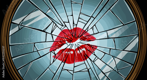 Red Lipstick Kiss on Broken Mirror for Beauty Blogs, Fashion Websites, Relationship Articles, and Social Media Content