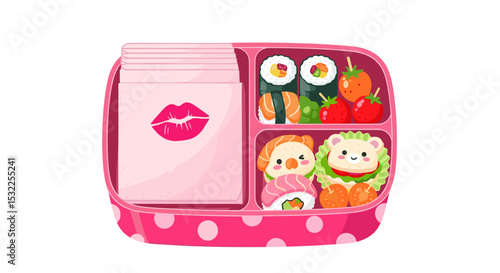 Cute Bento Box with Sushi, Strawberries and Lipstick Napkin for Food Blogs, Lunch Ideas, Healthy Eating, and Creative Meal Planning