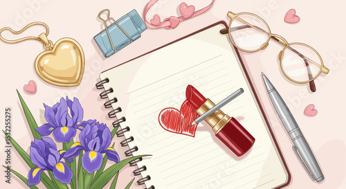 Lipstick on Notepad with Flowers and Accessories for Beauty Blogs, Lifestyle Websites, Creative Journaling, and Social Media Content