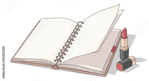 Lipstick and Open Notebook on White Background for Beauty Blogs, Personal Journals, Makeup Education, Creative Writing, and Social Media Content