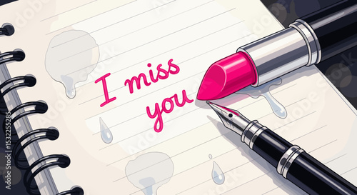 Lipstick and Fountain Pen on Notebook with "I Miss You" Message for Greeting Card Designs, Personal Notes, Romantic Themes, and Social Media Content