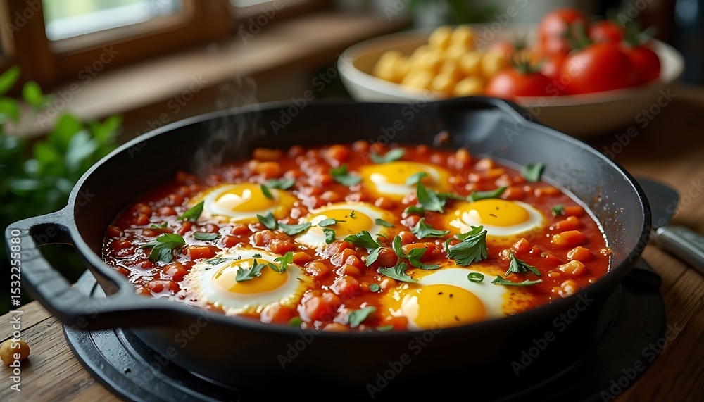 Shakshuka in a cast iron pan with sunny side up eggs and parsley. Shakshuka in a cast iron pan with sunny side up eggs and parsley.