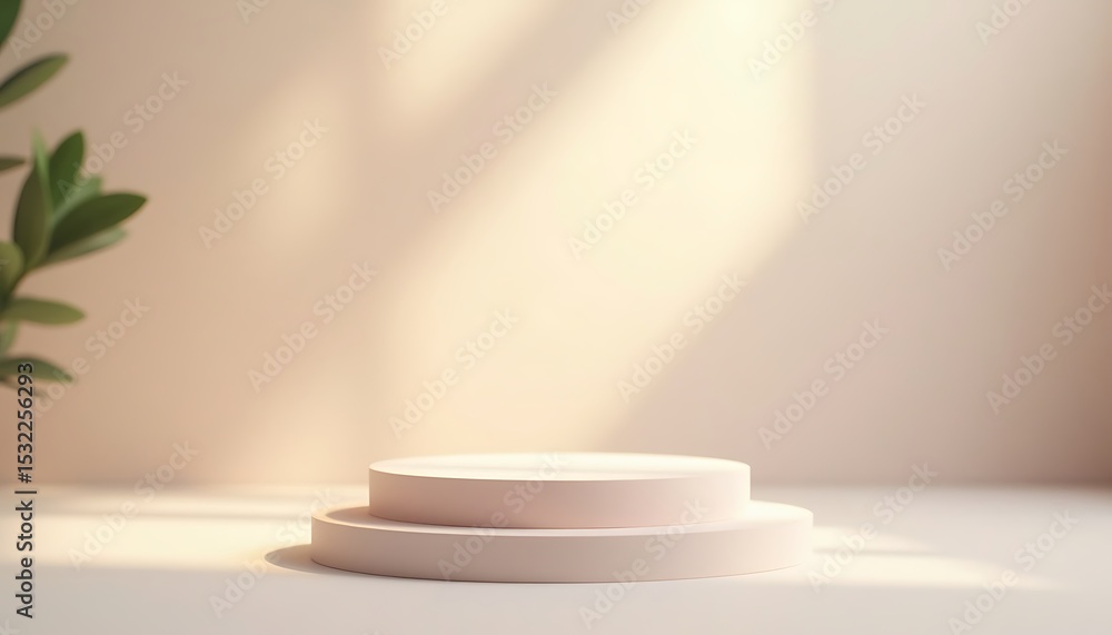 Simple platform studio shot with leaf shadow and beige backdrop. No people. Simple platform studio shot with leaf shadow and beige backdrop. No people.