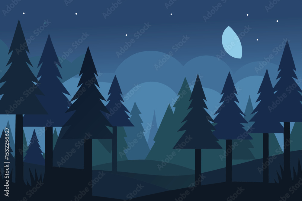 Fototapeta premium Serene night in the forest dark blue minimalist landscape