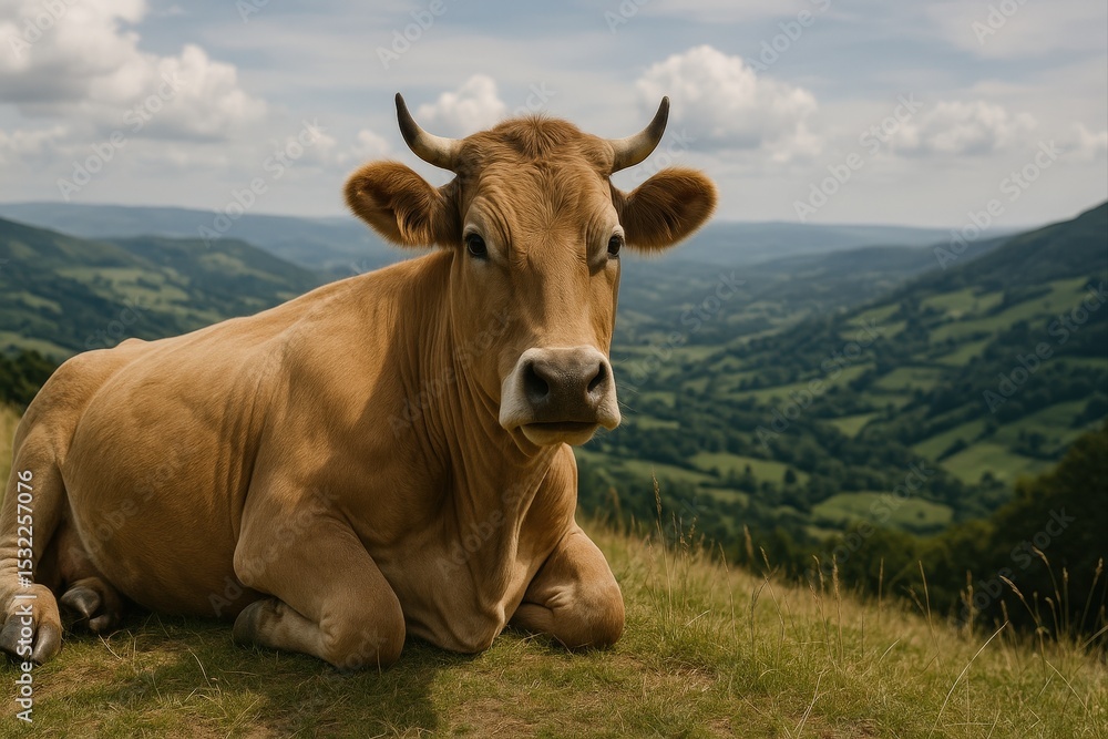 brown cow sitting on grassy hillside with green pasture in background. brown cow sitting on grassy hillside with green pasture in background.