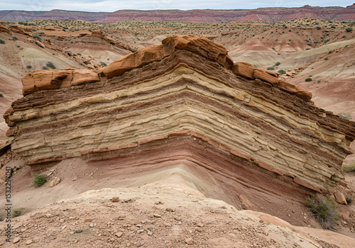 Geological layers showing accretion of sedimentary rock over millions of years, desert cliff background