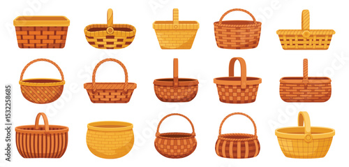 Collection of Various Wicker Baskets for Harvest and Picnic