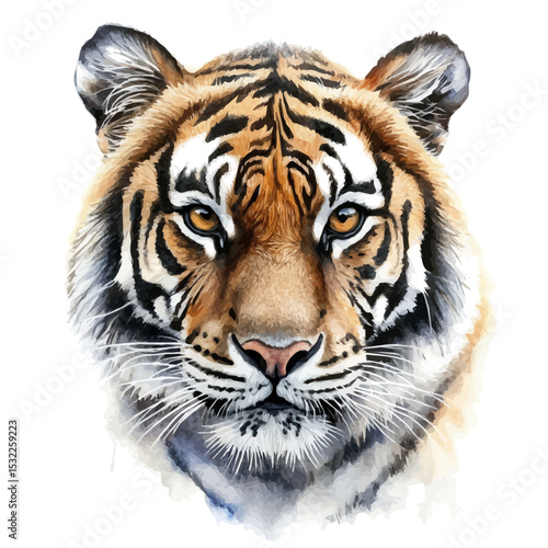 Tiger Close Up, watercolor vector, isolated on a white background.