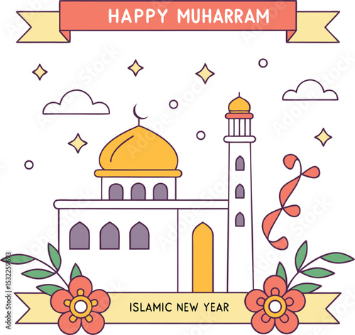 Whimsical Flat Mosque Illustration with Gold Dome, Floral Banners & Happy Muharram Ribbon