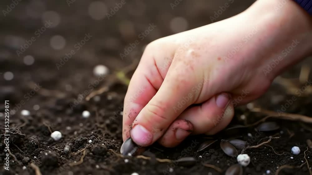 Hand carefully planting individual seeds in dark soil with fertilizer agricultural gardening concept macro shot Hand carefully planting individual seeds in dark soil with fertilizer agricultural gardening concept macro shot