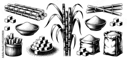 Sugarcane Plant and Various Forms of Sugar Illustration