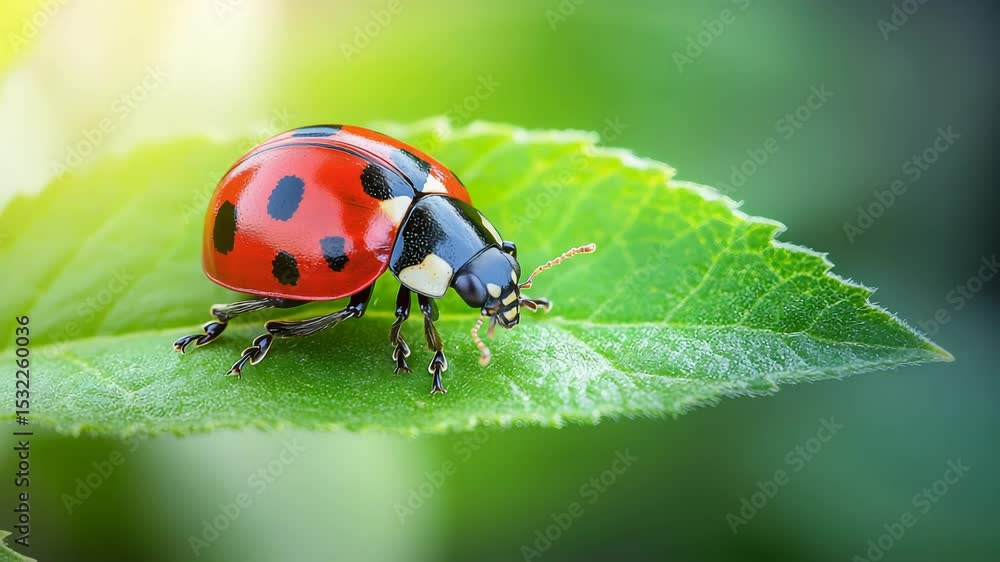 Closeup of ladybug resting on vibrant green leaf in natural garden environment Closeup of ladybug resting on vibrant green leaf in natural garden environment