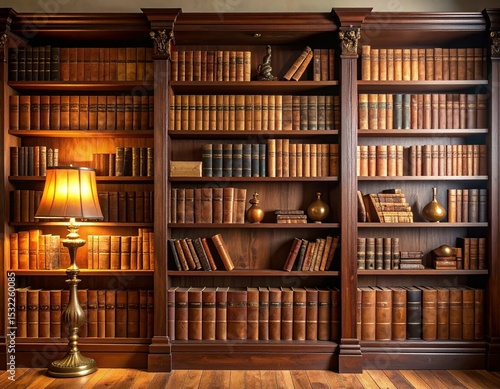 Antique wooden library wall, reflecting a classic atmosphere, perfect as a graduation background.

