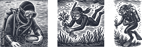 Set of engraving style woodcut designs featuring woman diver collecting underwater samples in wetsuit, brush-shaped postal stamp art, vintage marine exploration illustration