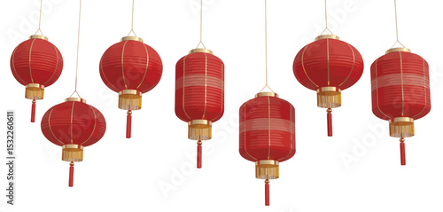 Seven Red Chinese Lanterns Hanging Isolated on White