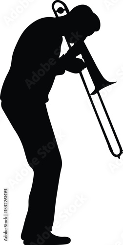 Trombone player silhouette. Jazz musical instrument of trombone player silhouette isolated on white background. Vector Illustration