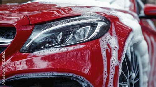 Sparkling Clean: A close-up of a vibrant red car covered in soapy water, highlighting the car's sleek design and reflecting the meticulous care it receives.