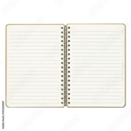 An open bound notebook with lined paper on transparent background