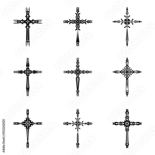 Christian cross vector icon symbols.  Abstract christian religious belief or faith art illustration for orthodox or catholic design. The symbol of the cross in various designs used in tattoo.