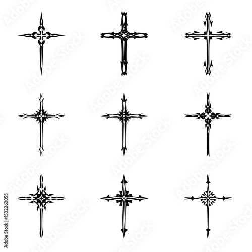 Christian cross vector icon symbols.  Abstract christian religious belief or faith art illustration for orthodox or catholic design. The symbol of the cross in various designs used in tattoo.