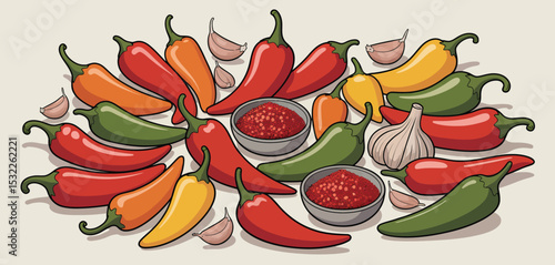 Spicy Chili Peppers Garlic and Chili Powder Illustration
