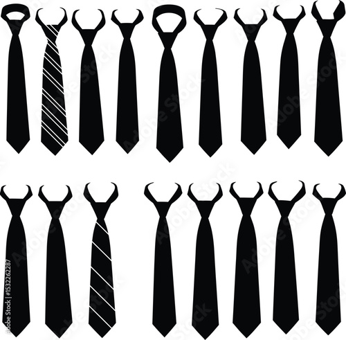 Diverse vector illustration set of black necktie silhouettes, perfect for fashion, business, formal wear, and apparel-related graphic projects.