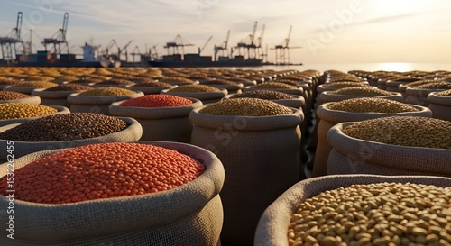 Large Storage of Grain Silos at Sunset with Industrial Background
