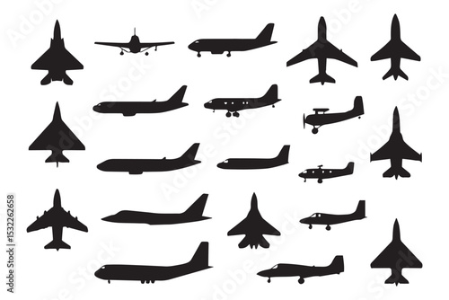 Various types of aircraft silhouettes including military and civilian planes