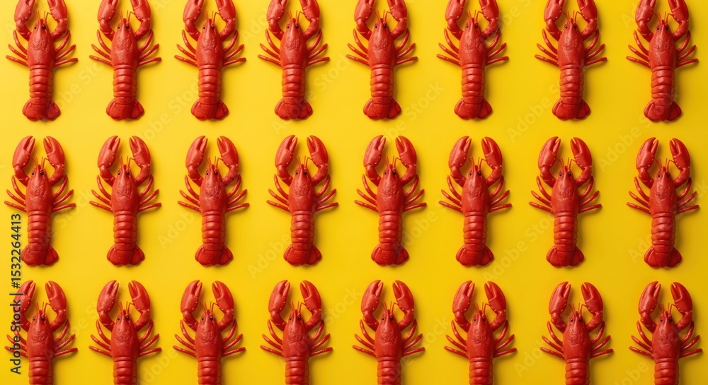 Obraz premium Colorful Lobster Figurines Pattern on Bright Yellow Background