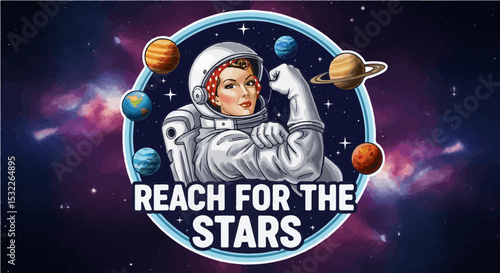 Retro astronaut woman with space planets poster