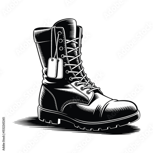 Vintage military combat boot with dog tags