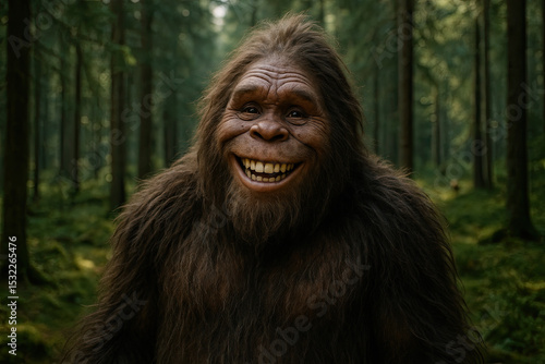 Smiling Bigfoot Portrait in Sun-Dappled Evergreen Forest