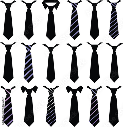 Comprehensive vector illustration set of diverse necktie designs, perfect for fashion, business, formal wear, and apparel-related graphic projects.
