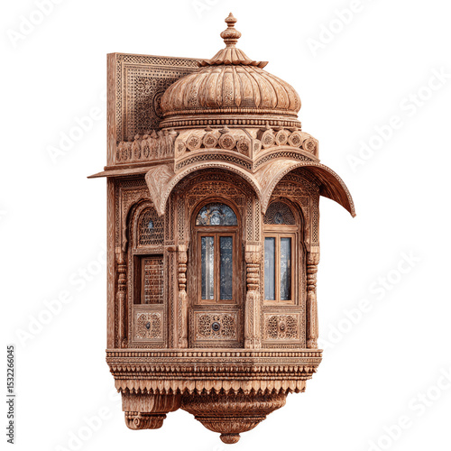Intricate Carved Wooden Jharokha Window,