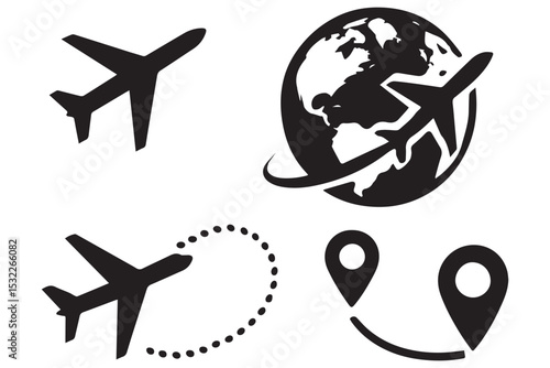 airplane travel icons with globe, flight route and location markers, world travel concept