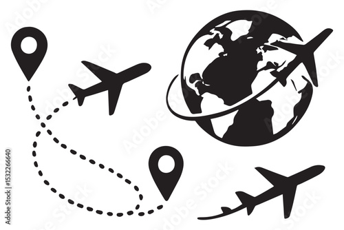 airplane flying around globe, dotted route and location pins, travel and tourism concept
