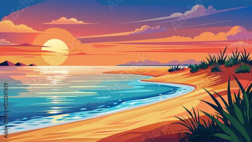 Capturing beauty of coast during sunset at beach is sublime. Sun dips below horizon, warming sand dunes. Gentle waves shimmer across calm waters, completing an idyllic seascape for perfect vector desi