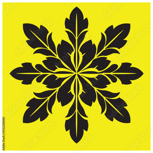 Elegant black floral ornament on a bright yellow background for decorative design projects