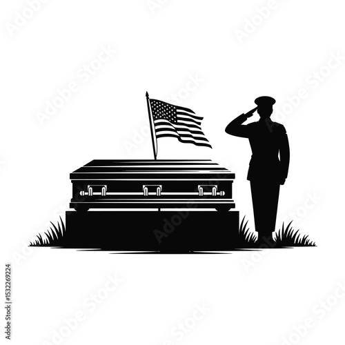Military funeral soldier saluting coffin and flag