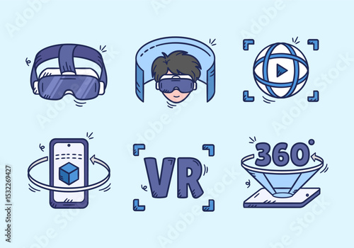 Virtual reality doodle icon collection. Set of augmented reality hand drawn illustration. Containing VR glasses, 3D video, 3d screen projector.